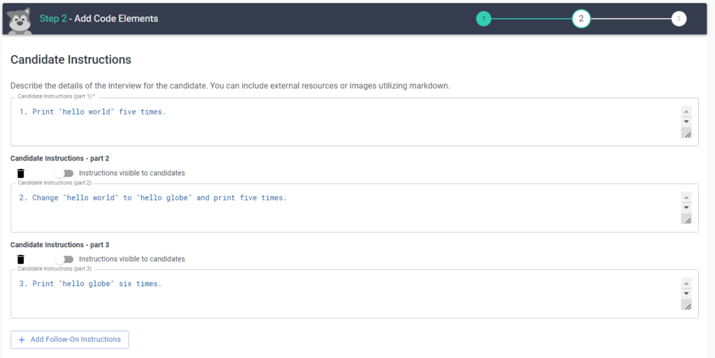 The "add code elements" section of the question wizard, with three sets of candidate instructions.