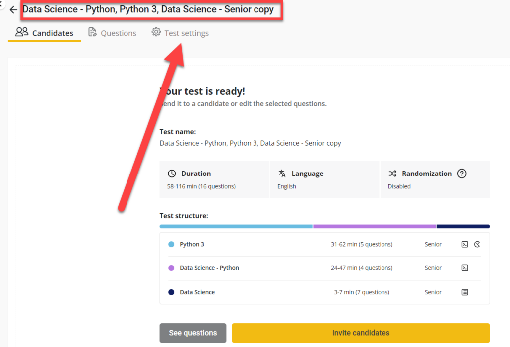 Screen dashboard with one arrow pointing towards the word "copy" in the test name at the top. Another arrow is pointing towards the "test settings" tab at the top of the screen.