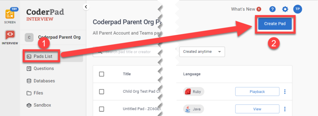 Interview dashboard with the number 1 next to the "Pads list" item in the left nav and an arrow pointing to the number 2 next to the "create pad" button.