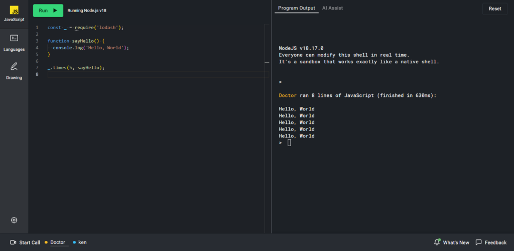 Interview example screen with code on the left side and output on the right.