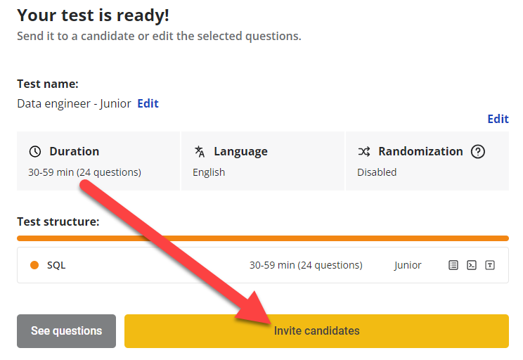 La dernière page du processus de création du test est affichée avec une flèche pointant vers le bouton "inviter les candidats".
