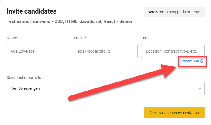 Page d'invitation au test affichée avec une flèche pointant vers le bouton "importer csv" en haut à droite de l'écran.