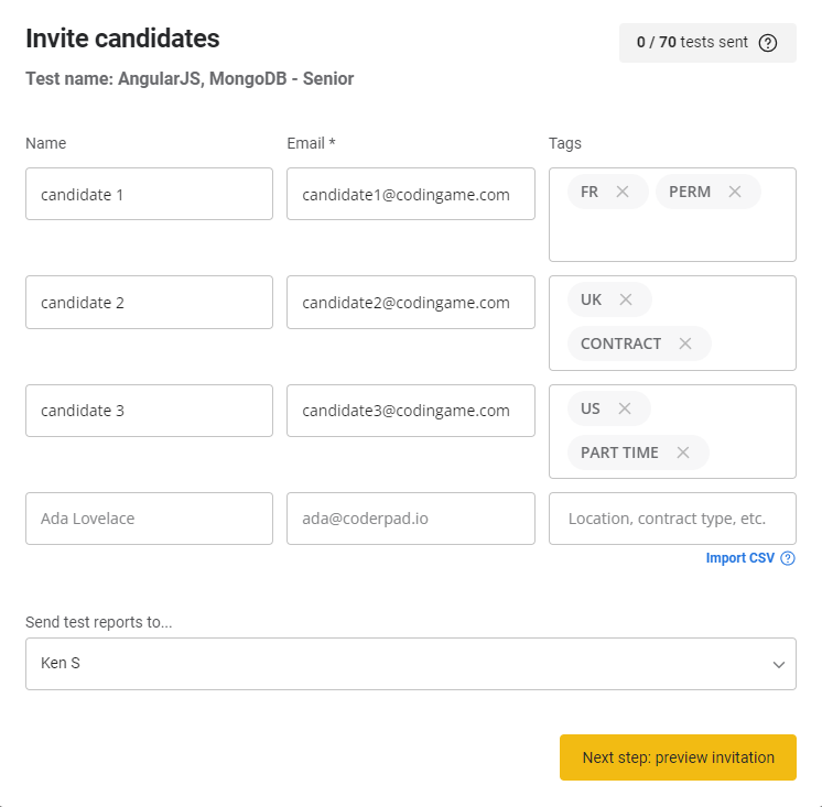 L'écran d'invitation du candidat après l'importation du csv. Les colonnes nom, email et tags sont remplies.