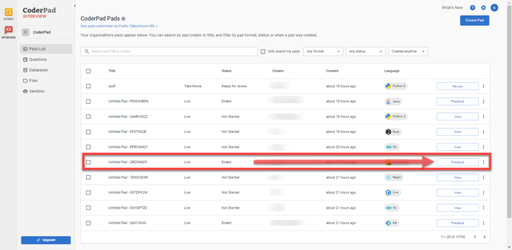A pad is highlighted in the pads list on the dashboard with an arrow pointing to the playback button on the far right of the row.