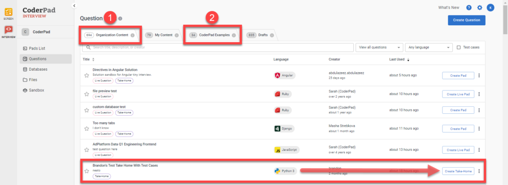 The question bank item is selected in the left nav menu. Also highlighted in the top left of the question bank screen are the "organization content" and "coderpad example" tabs. A take home question row is selected from the list and an arrow is pointing to the "create take home" button on the far right.