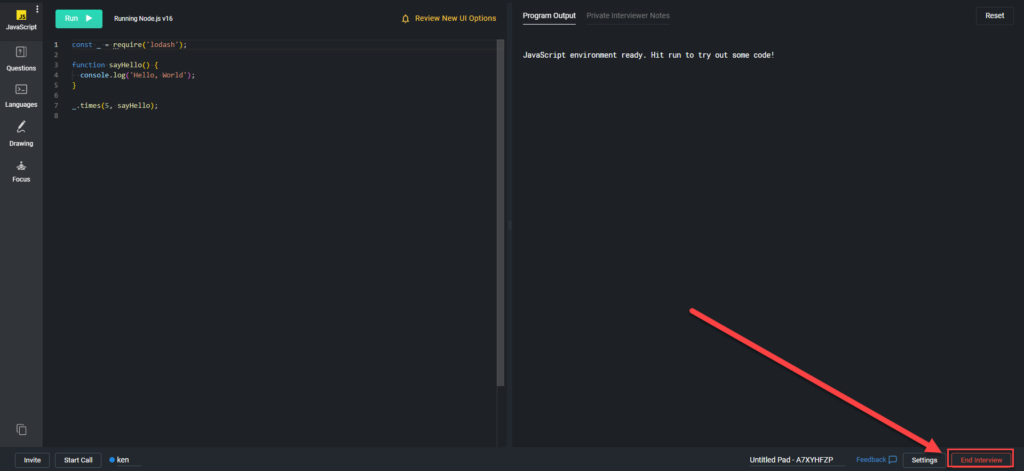 A giant arrow pointing to the exit interview button in the bottom right of the screen.