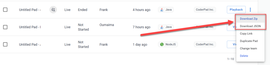 Alt text:
Screenshot of a CoderPad dashboard showing a list of coding sessions. A red arrow points to the vertical three-dot menu next to one session, which is expanded to reveal options including “Download Zip” and “Download JSON,” with “Download Zip” highlighted.
