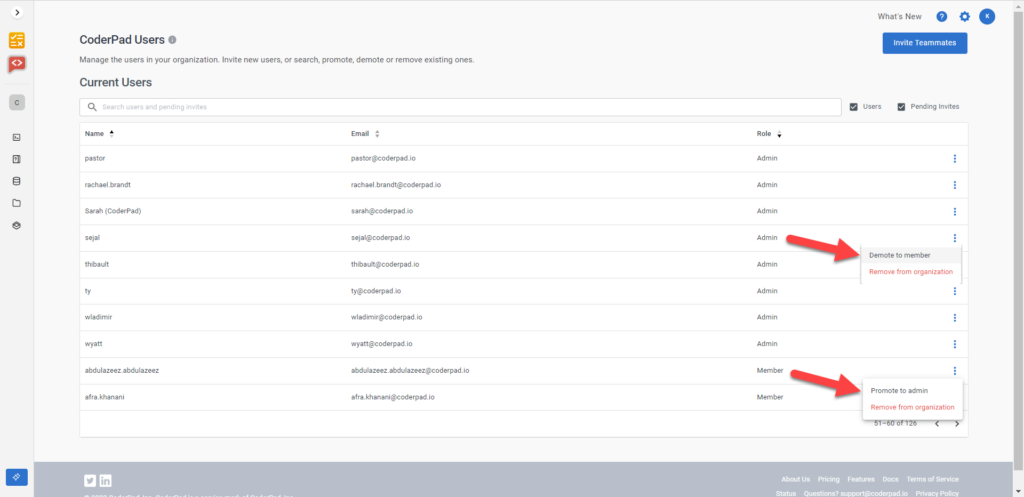 The member options menu is shown with options to "demote to member", "remove from organization", and "promote to admin" shown.