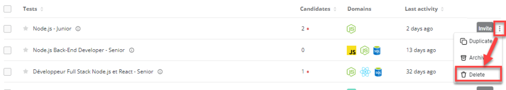 The tests list is shown with the vertical ellipses shown at the end of the row and an arrow pointing to the "delete" option.
