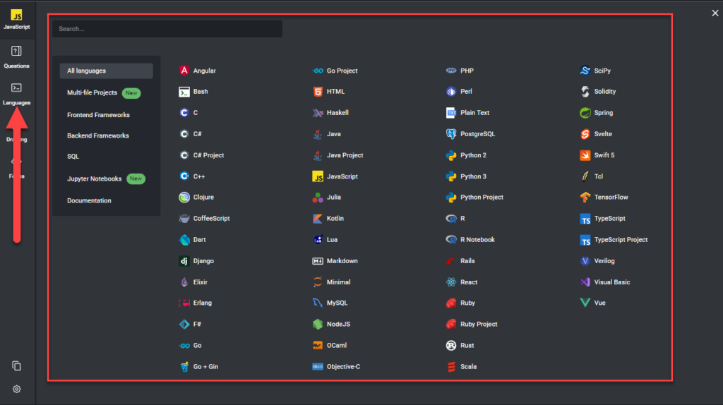 The language selection screen. First click on the language button and then click on "add environment" tab at the top.
