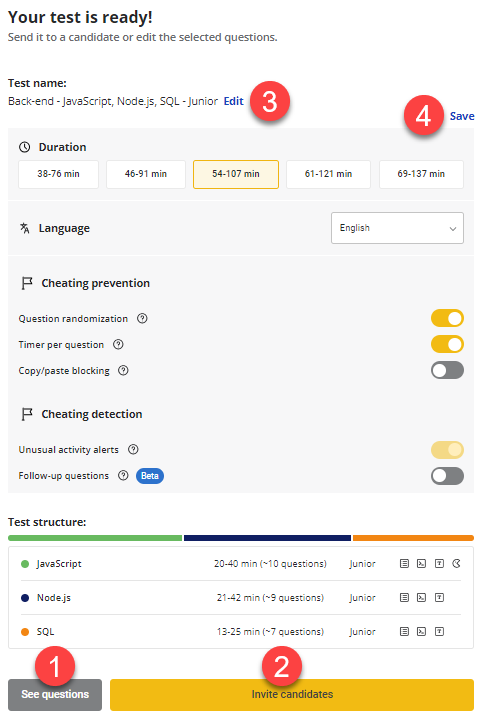 Test confirmation screen with a 1 next to the "see questions" button, a 2 next to the "invite candidates" button, a 3 next to the "Edit" button for the test name, and a 4 next to the "Edit" button for the duration/language/randomization options.