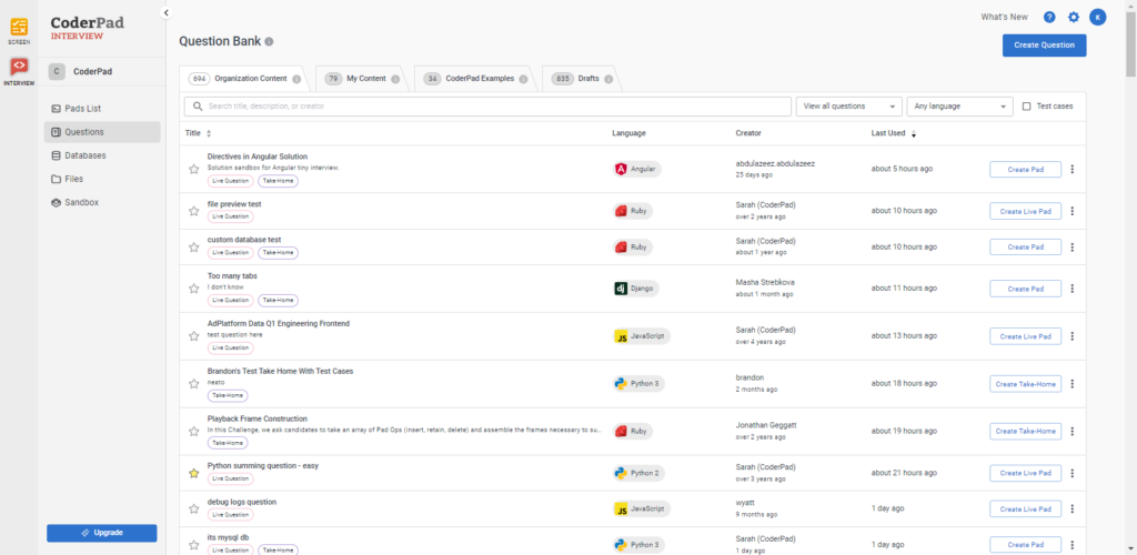 A screen shot of the question bank with a list of questions under the "My Content" tab listed.