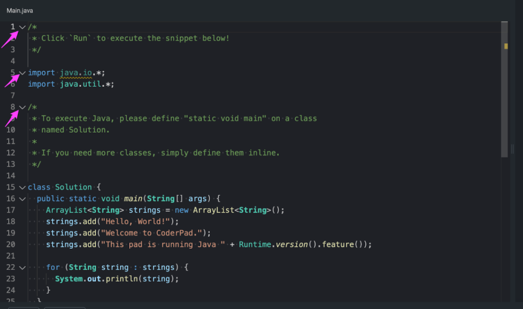 Dropdown arrows appear on lines 1, 5, and 8. The arrows are pointing down.