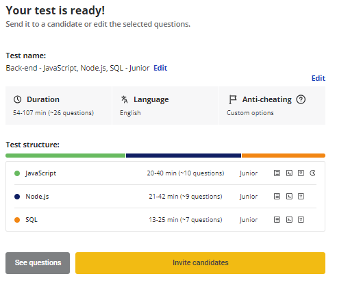 The test confirmation screen is shown with the duration, language, and randomization toggle options expanded.