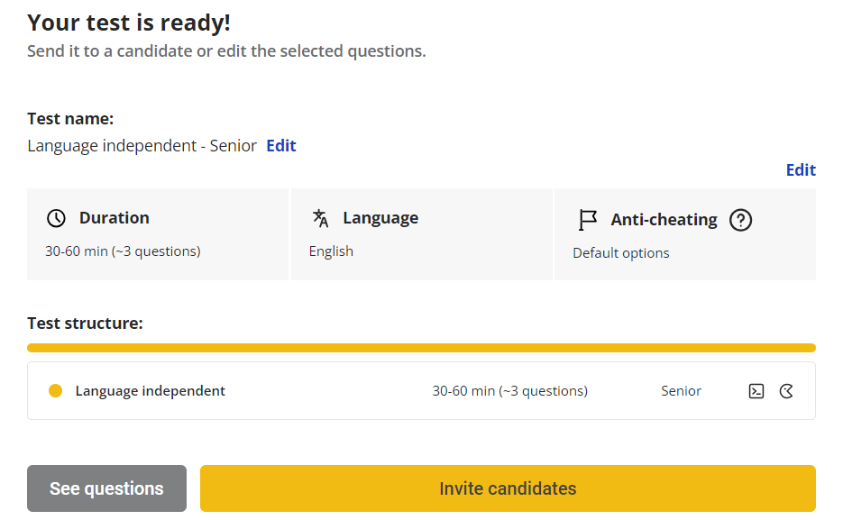Test confirmation screen for language indepenent test is shown.