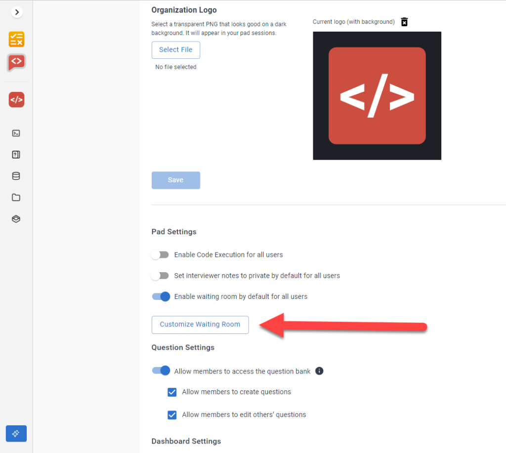 An arrow is pointing to the "customize waiting room" button under the pad settings.