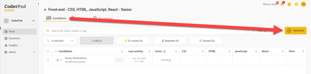 The candidates page is shown with an arrow pointing to the "send test" button in the top right of the screen.