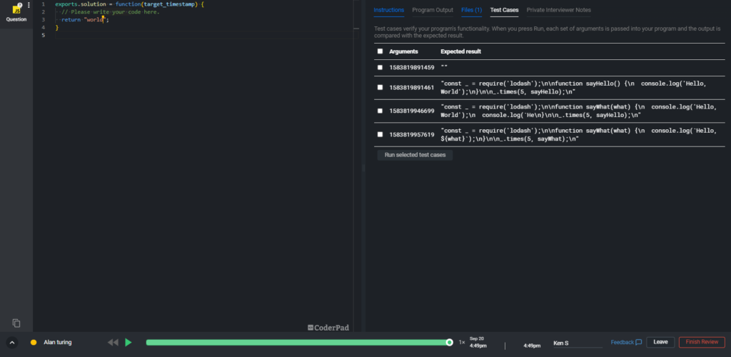 The playback screen with code on the left and a list of test cases on the right.