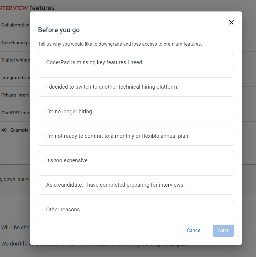 The downgrading to free window shown with a a request to select a reason for no longer using premium features.