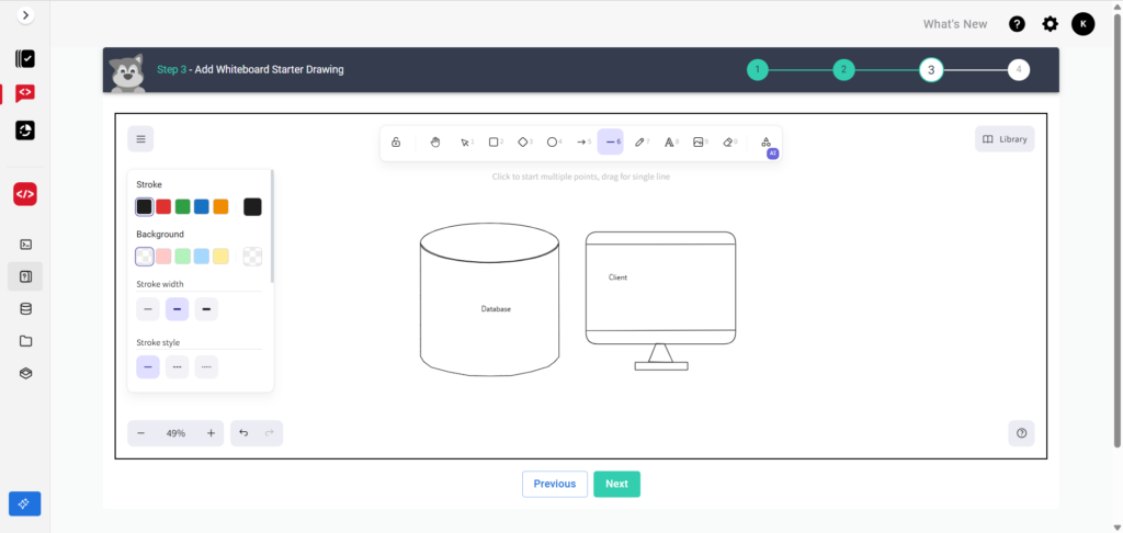The drawing mode editor screen. There is an image of a database symbol and a box labelled" api1" with a two-way arrow pointing between them.