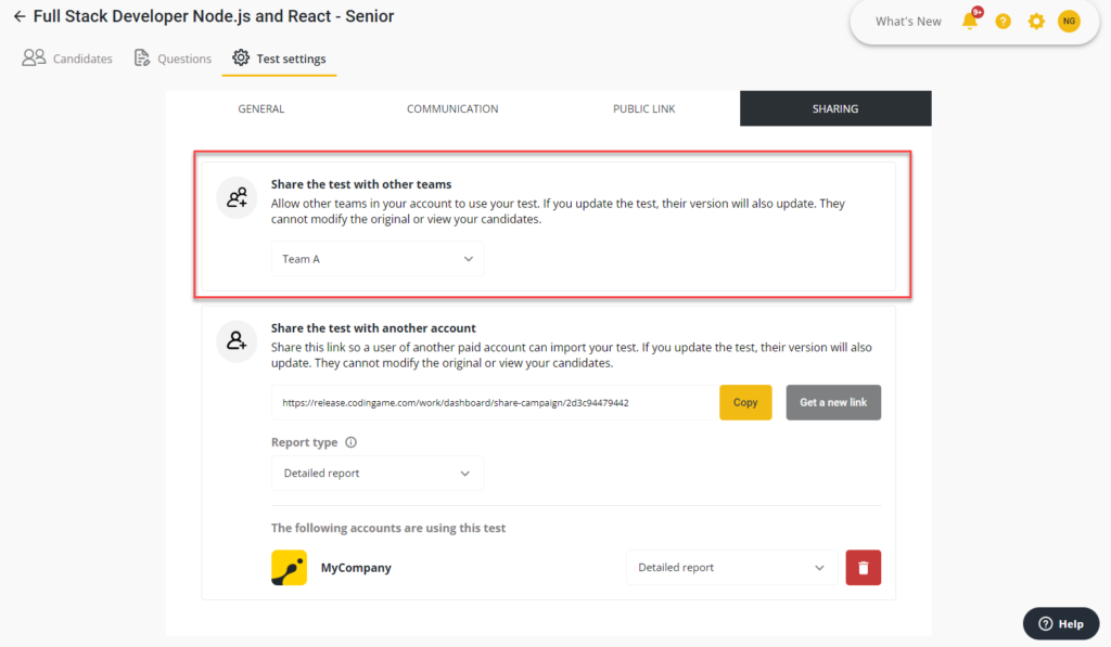 A screen shot of the Sharing tab open under the test settings. The "share a test with other teams" section is highlighted.