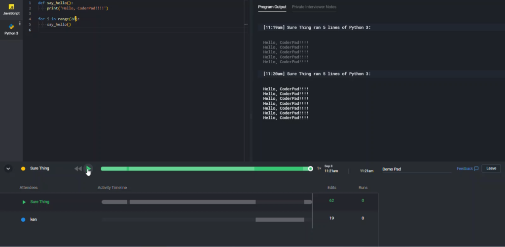 The playback mode window is open with the candidate's code and output at the top and the playback controls at the bottom.