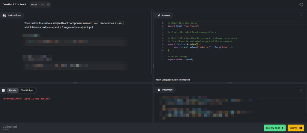 A candidate question preview with question on the left, candidate's answer on the right, and test code on the bottom right. 