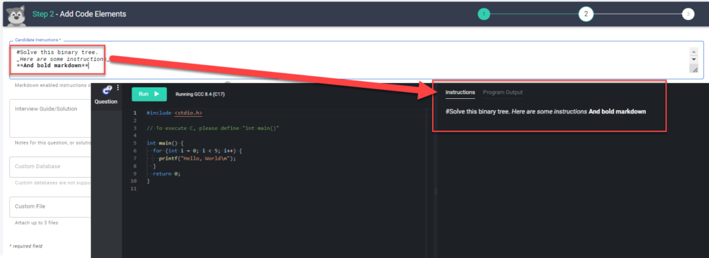 L'écran "Ajouter des éléments de code" est montré à l'arrière-plan avec la section "instructions du candidat" mise en évidence. Au premier plan se trouve un pad ouvert avec les mêmes instructions mises en évidence sur le côté droit du pad.