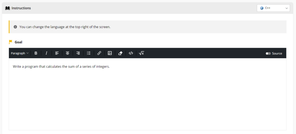 The instructions section with the goal input field displayed.