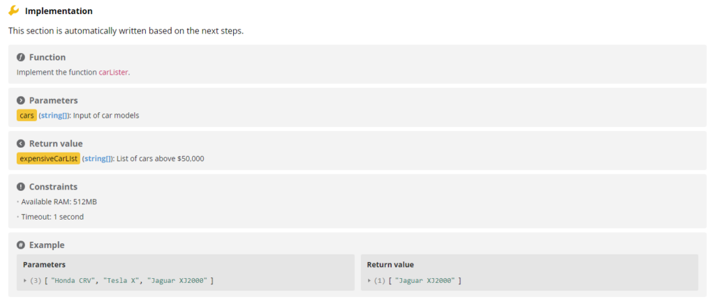 The implementation section shows details of the function including the description, parameters, return value, constraints, and an example. 