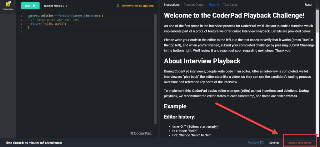 The "submit take home" button is highlighted at the bottom right side of the screen. 