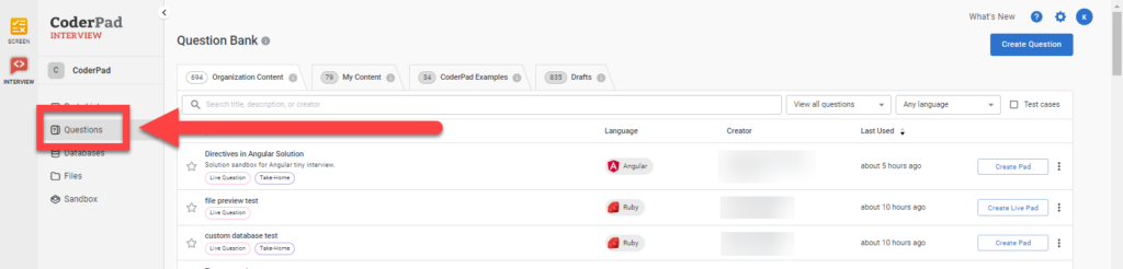 The question bank is shown in the center. In the left nav menu an arrow points to the "question bank" link.