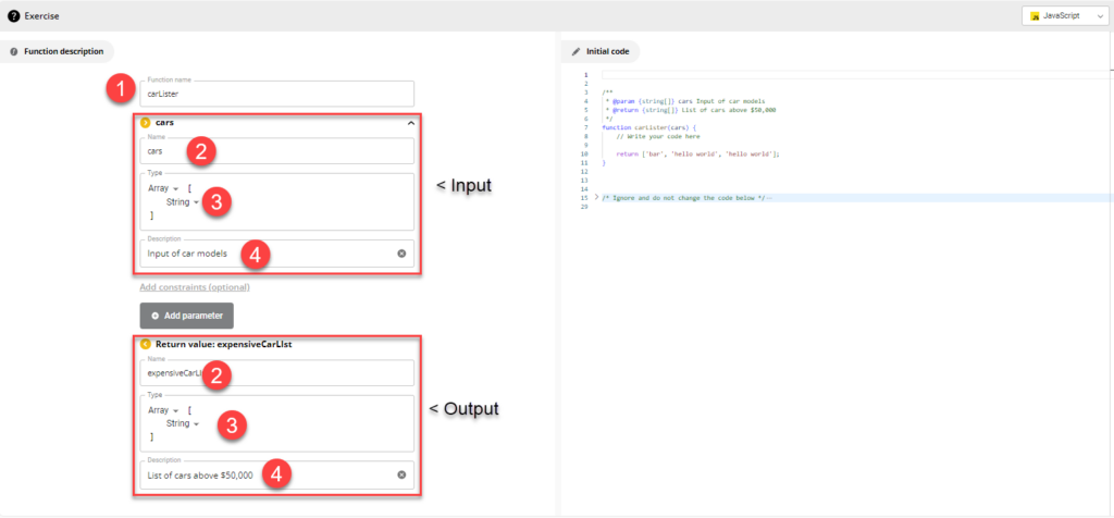 The exercise screen. On the left is the parameters section with a 1 next to the function name, a 2 next to the paramater name, a 3 next to the parameter data type, and a 4 next to the description. the input parameters are on the top left of the screen, and the output parameters are in the bottom left of the screen.