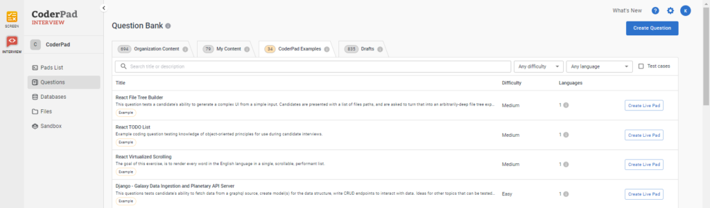 A list of questions is shown under the "My content" tab of the question bank.