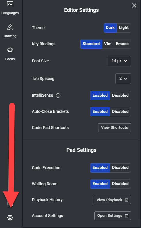 The settings window. On the top is the editor settings where you can set the color theme, key bindings, font size, tab spacing, intellisense, and auto-close brackets. On the bottom is the pad settings where you can enable/disable the waiting room, review playback history, or open up your account settings.
