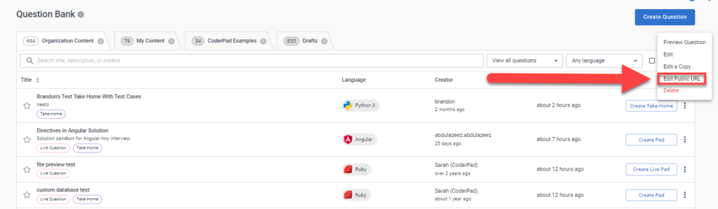 In the question bank a question is selected and the question menu has been opened by clicking the vertical ellipses at the far right of the question. "edit public url" is highlighted in the dropdown menu.
