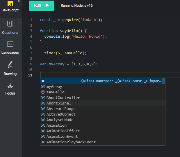 The autocomplete menu is shown for javascript.
