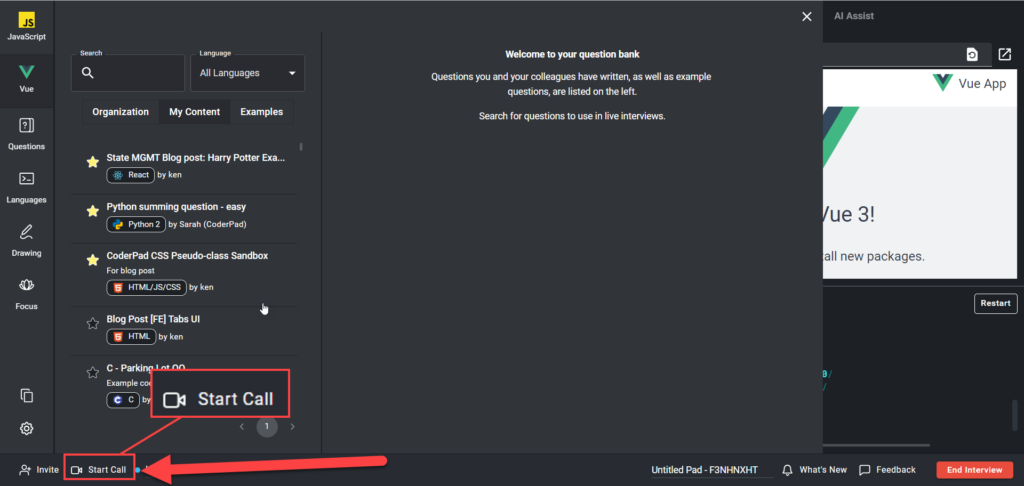 The "start call" button is highlighted at the bottom left of the screen.
