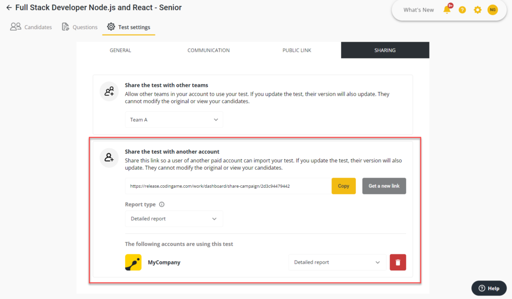 A screen shot of the Sharing tab open under the test settings. The "share the test with another account" section is highlighted.
