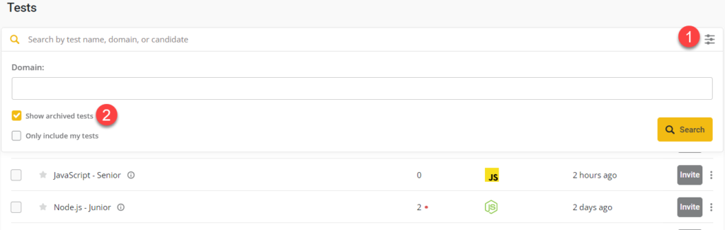 A list of tests with a advanced search option open at the top and a 1 next to that icon and a 2 next to "show archived tests" checkbox in that open menu.