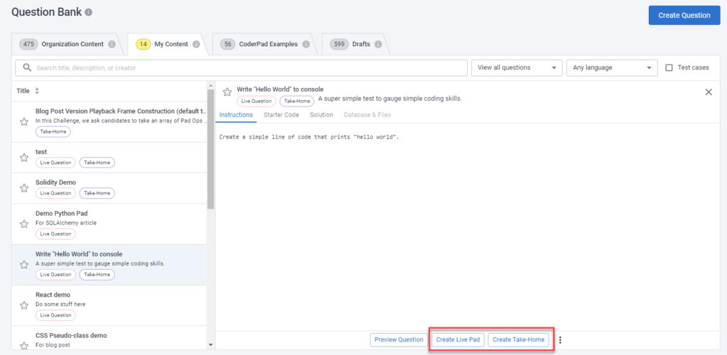 Under the my content tab a question has been selected. In the center of the screen is the question, and at the bottom the "Create live pad" and "create take-home" buttons are highlighted.
