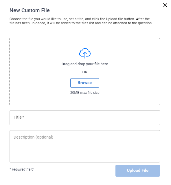 File upload popup. There is a place to drag and drop the file, add a tile, and add a description.