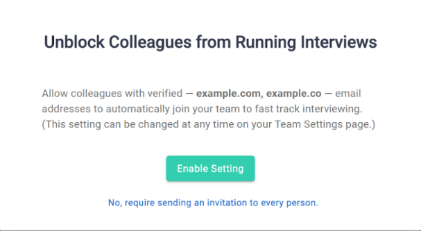 "unblock colleagues from running interviews" window with an "enable settings" button displayed.