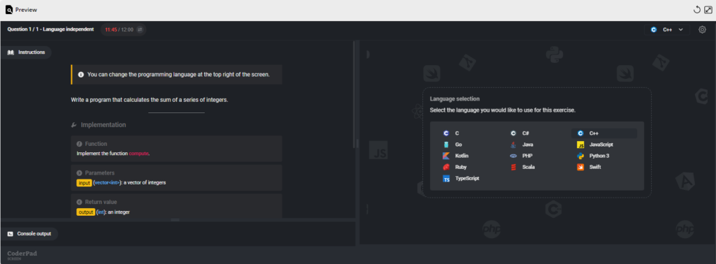 The question preview screen is shown with the instructions and console output on the left, and the coding section on the right.