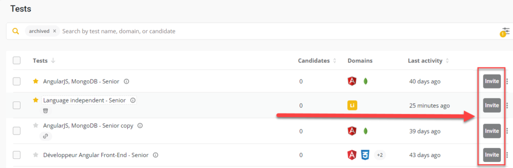 A tests list with the invite buttons highlighted.