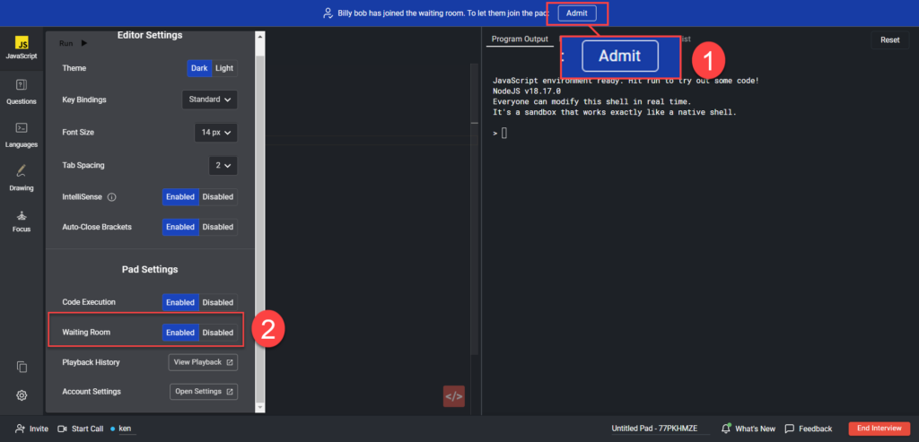The settings menu is displayed in the center, with a number 2 next to the waiting room toggle. At the top the "admit" button is highlighted next to the number 1.