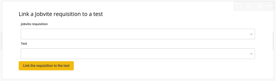 A section titled "Link a jobvite requisition to a test" with "jobvite requisition" field and "test" fields displayed and a "link the requisition to the test" button.