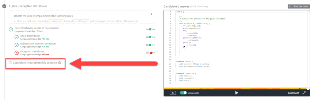 A question review page is shown for a candidate with the option to select "Candidate cheated on this exercise" checkbox.
