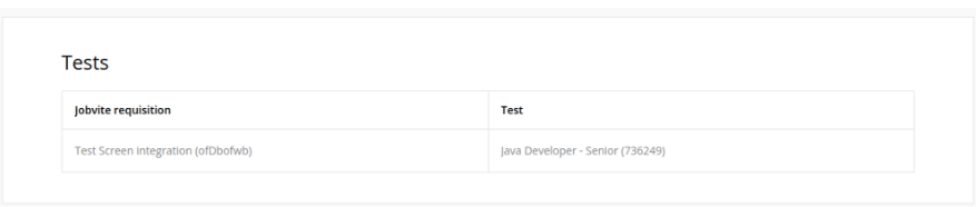 The "tests" section is shown with a "jobvite requisition" column and "test" column displayed.