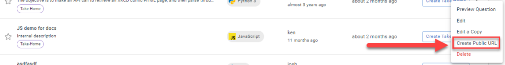 In the question bank a question is selected and the question menu has been opened by clicking the vertical ellipses at the far right of the question. "Create public url" is highlighted in the dropdown menu.